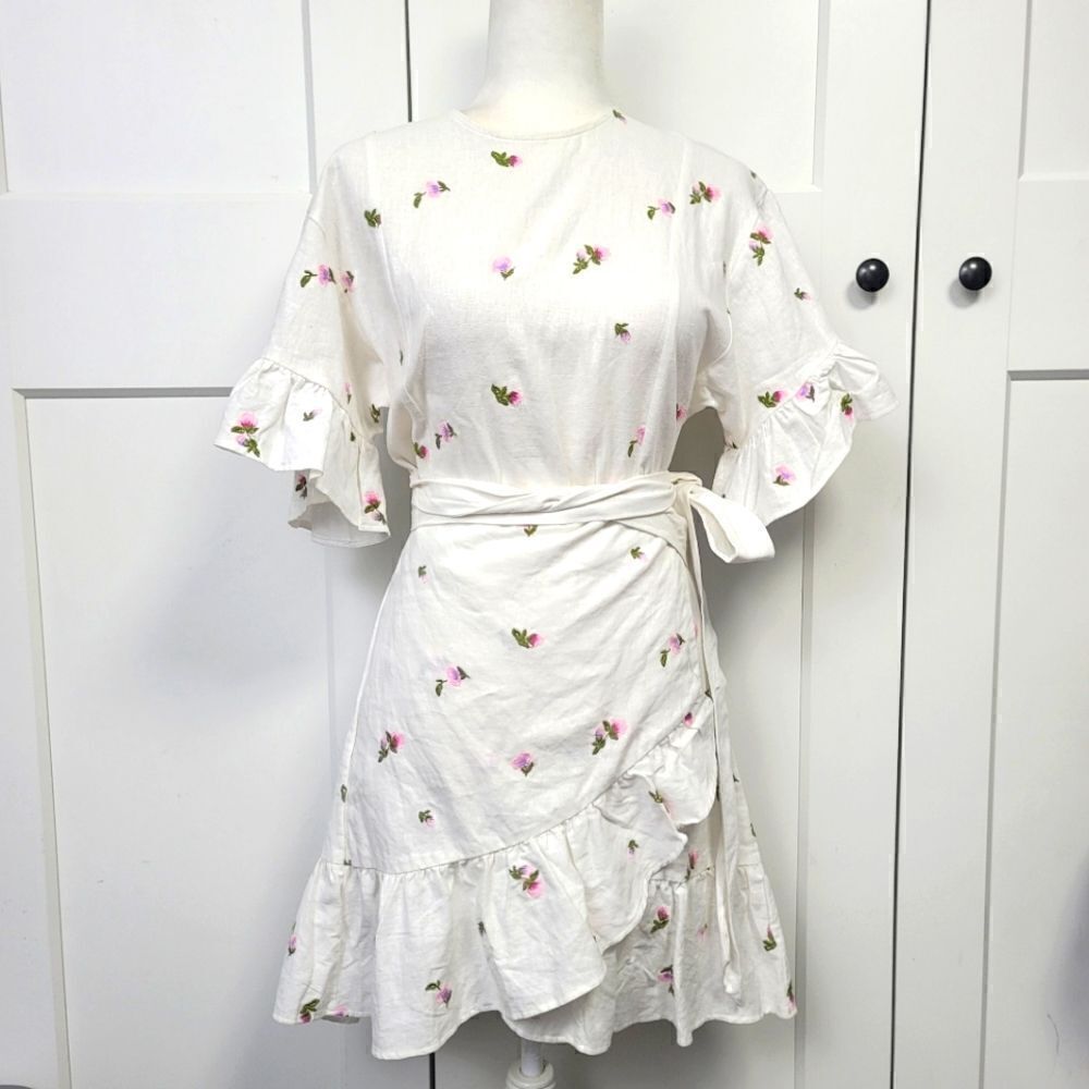 Afrm white embroidered flower wrap dress, xs